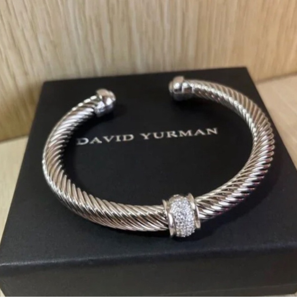David Yurman Sterling Silver Cable Cuff with Pave Diamond Rondelle 7mm